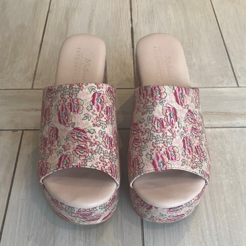 Anthropologie Pink Floral Platform Slide Mules